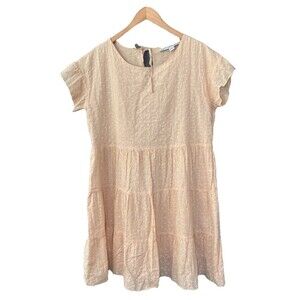 Babydoll Cotton Eyelet Ruffle Tiered Mini Dress Large Pastel Orange Peach Fairy